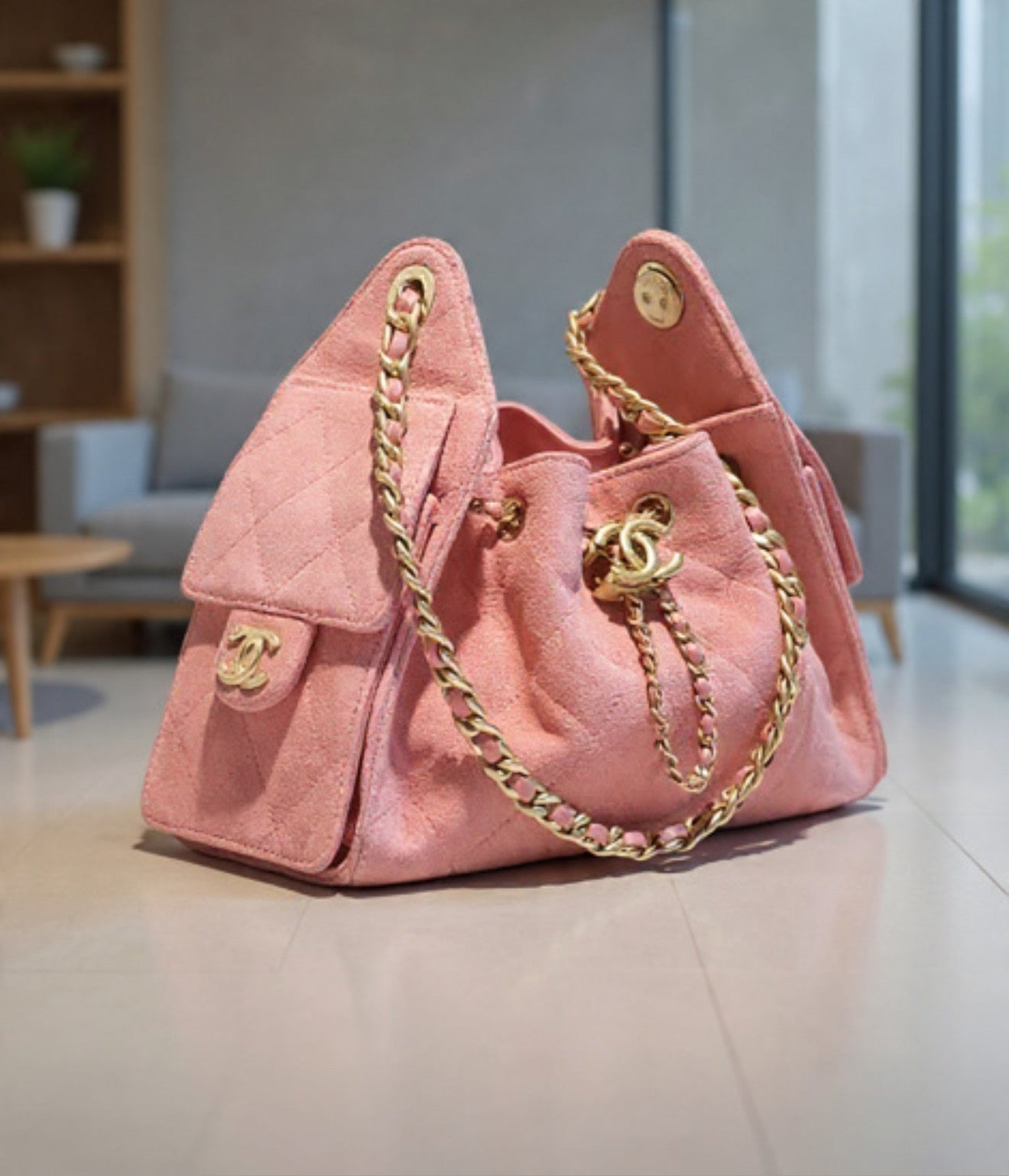 Chanel Drawstring Chain Bucket Bag – Pink Suede Leather with Gold Hardware