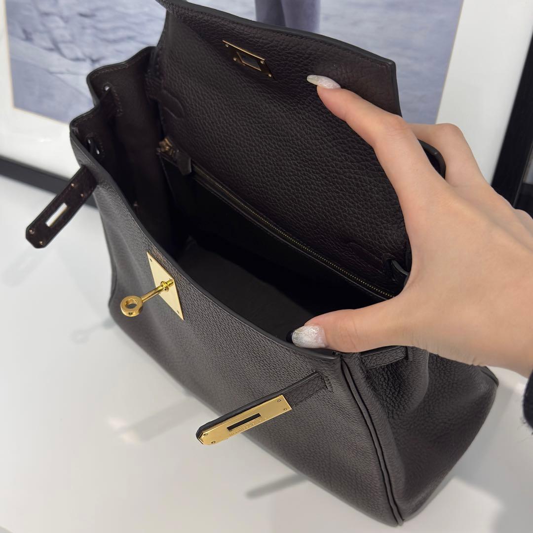 Interior view of Vintage Hermes Kelly 28 Havana Brown Togo Leather Gold Hardware G Stamp - Saika Collective