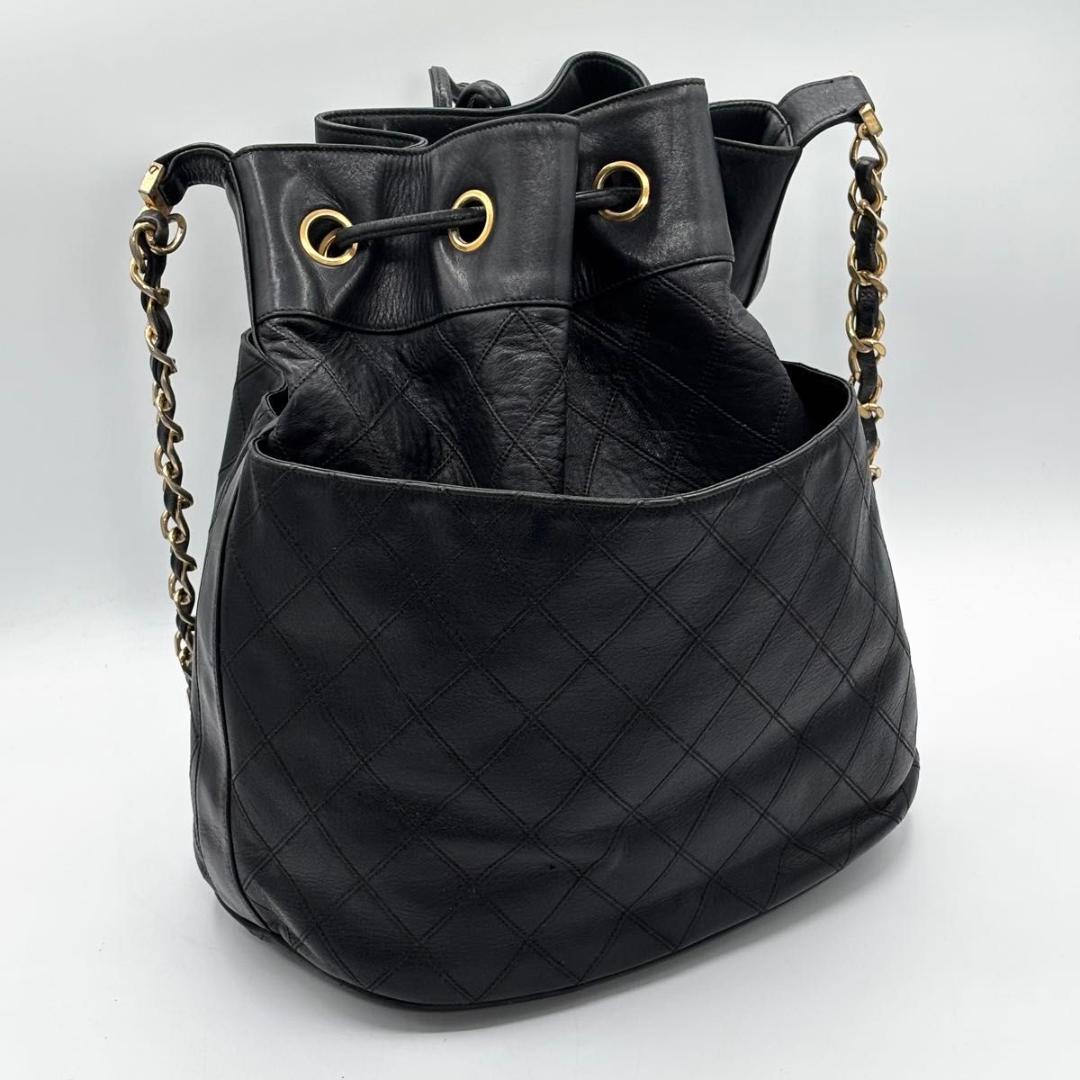 Back View Rare Chanel Bicolore Bucket Bag Black Leather Gold Coco Hardware - Saika