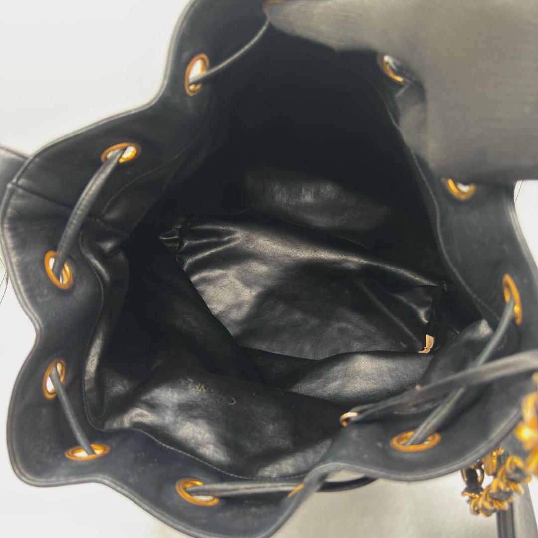 Interior of Rare Chanel Bicolore Bucket Bag Black Leather Gold Coco Hardware - Saika