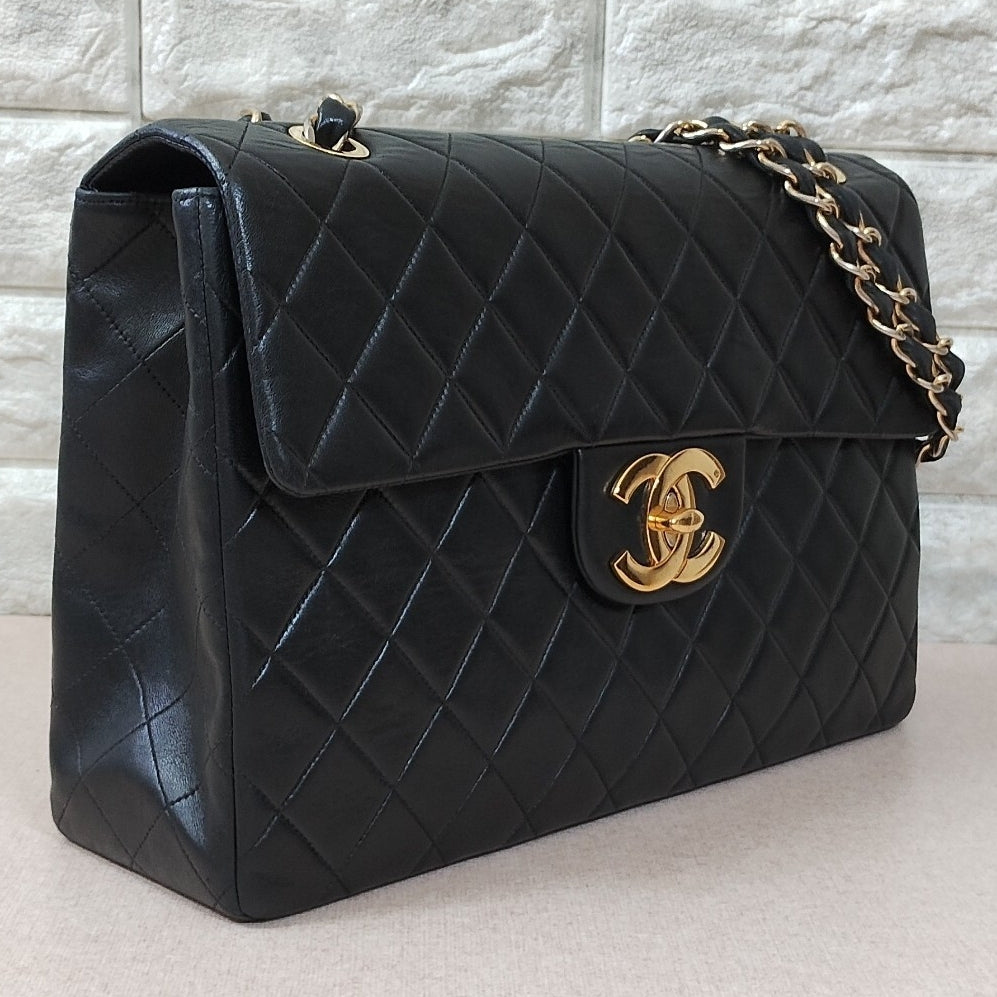 Chanel Vintage Maxi Flap Bag 34 – Black Lambskin Quilted Matelassé with Gold Hardware