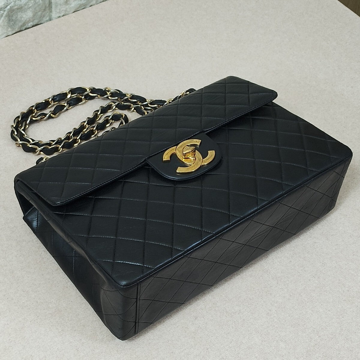 Chanel Vintage Maxi Flap Bag 34 – Black Lambskin Quilted Matelassé with Gold Hardware