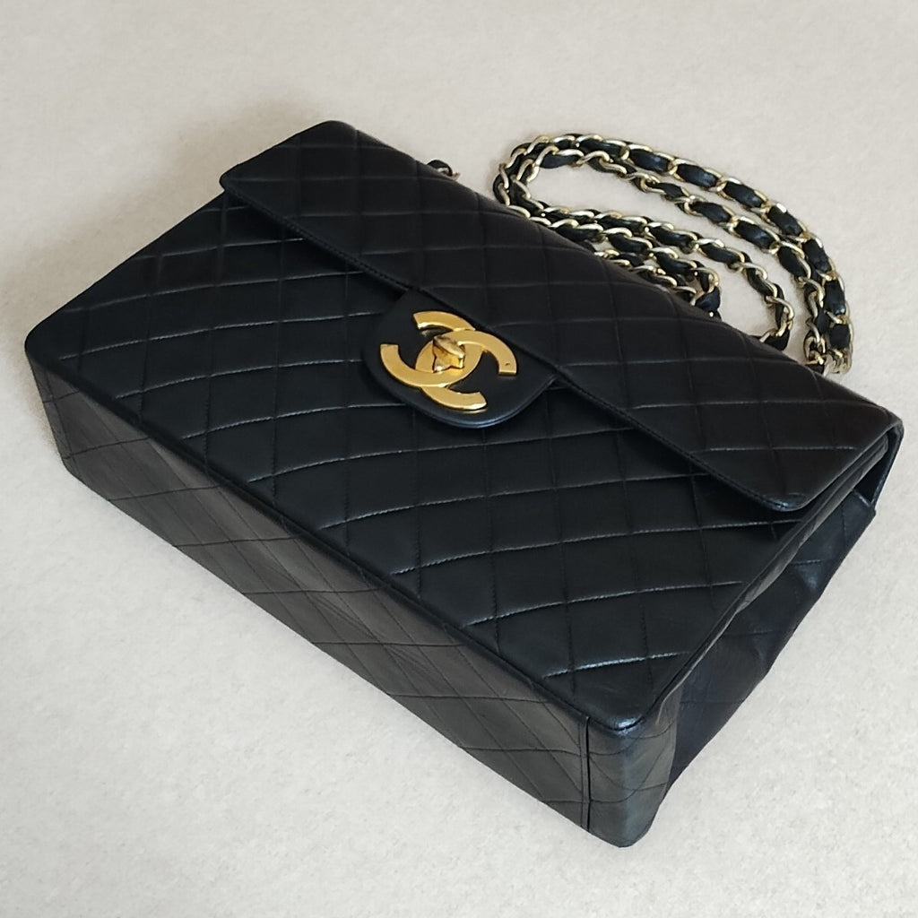 Chanel Vintage Maxi Flap Bag 34 – Black Lambskin Quilted Matelassé with Gold Hardware