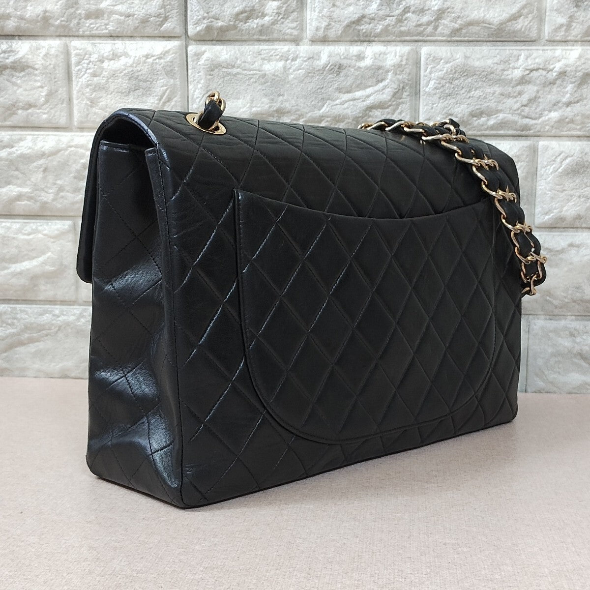Chanel Vintage Maxi Flap Bag 34 – Black Lambskin Quilted Matelassé with Gold Hardware