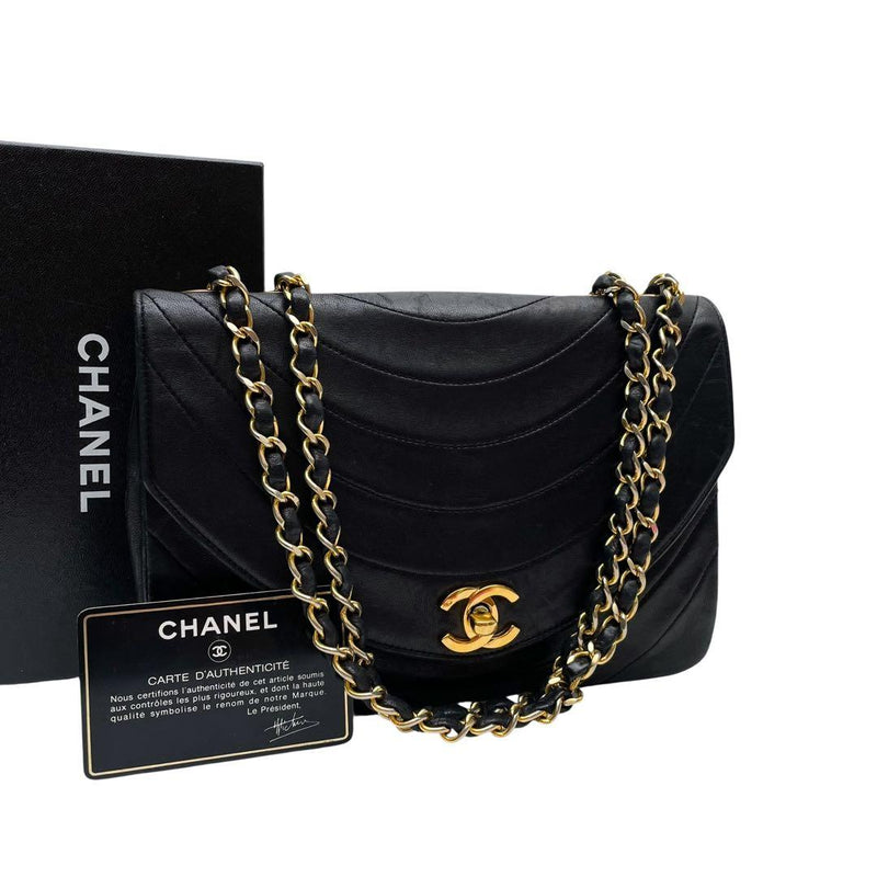 Vintage Chanel Double Chain Flap Bag Black Lambskin Gold Coco Mark - Saika Collective