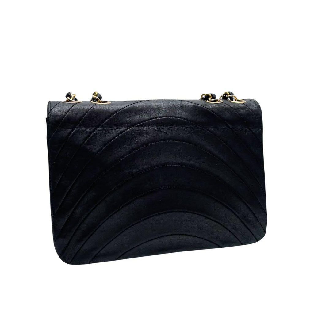 Back View Vintage Chanel Double Chain Flap Bag Black Lambskin Gold Coco Mark - Saika Collective