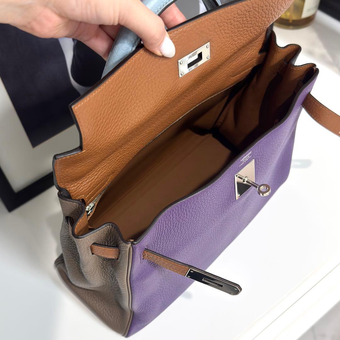 Clean interior of vintage Hermes Kelly 32 Harlequin with six color palette